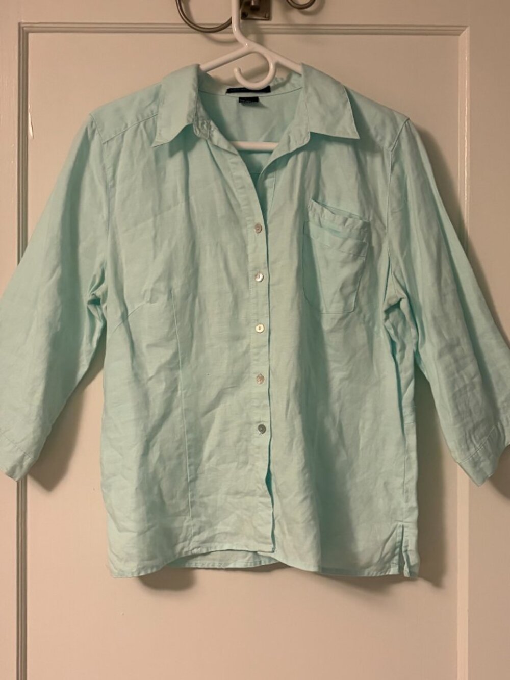 Saint Tropez west 100% linen button up blouse size large double pocket detail